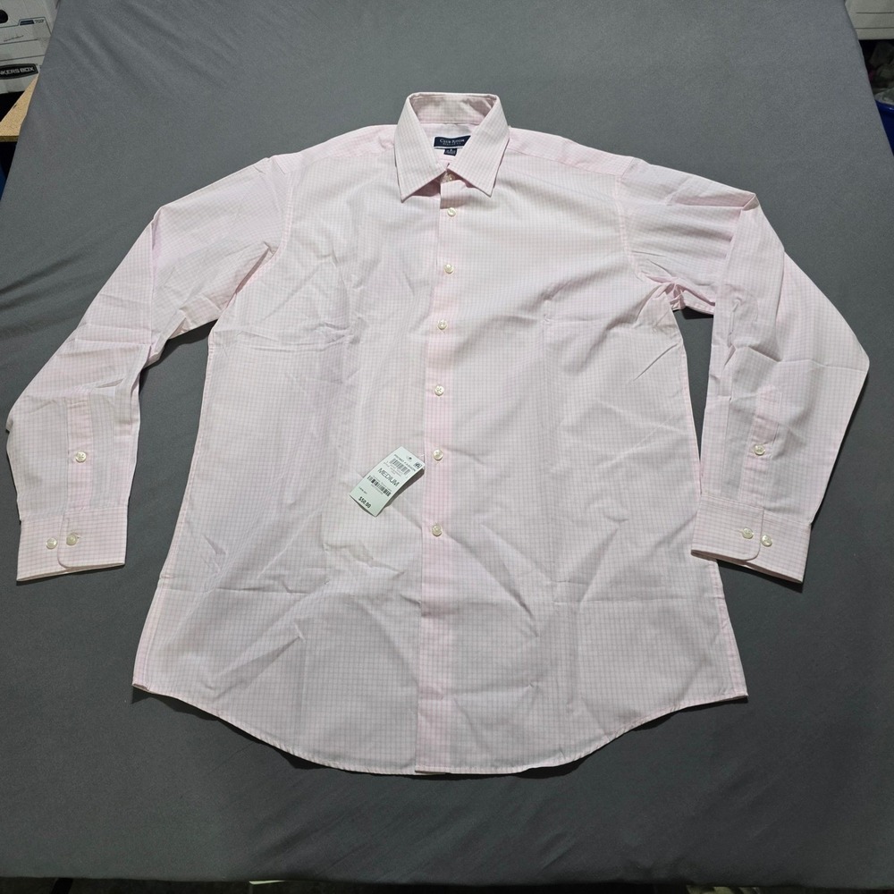 Club Room Dress Shirt  15 15.5 Medium Pink White Micro Check Regular Long Sleeve